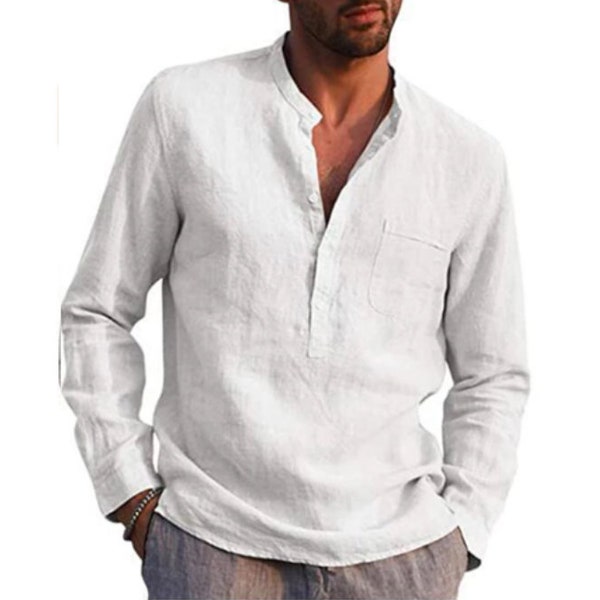 100% Cotton Linen Hot Sale Men's Long-Sleeved Shirts Summer Solid Color Stand-Up Collar Casual Beach Style Plus Size/Family Gift