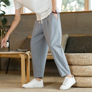 Basic Men's Cotton Linen Pants Male Casual Solid Color Breathable Loose ...