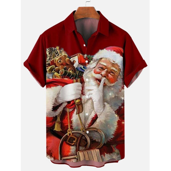 Modèle de jour de Noël Chemises d’impression lâches respirantes à manches courtes/Vêtements d’été pour hommes de plage/Chemise d’impression de Noël de Noël/Chemise hawaïenne