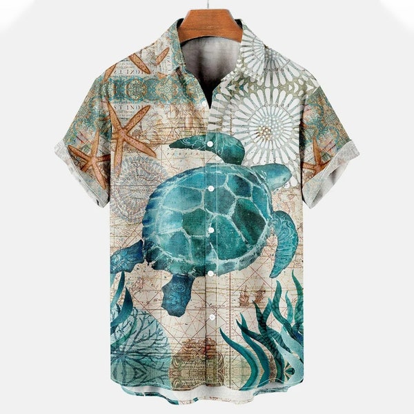 T-shirt hawaïen à manches courtes et imprimé tortue pour homme, chemise à boutons et col polo pour hommes, vêtements de plage à la mode, chemise hawaïenne