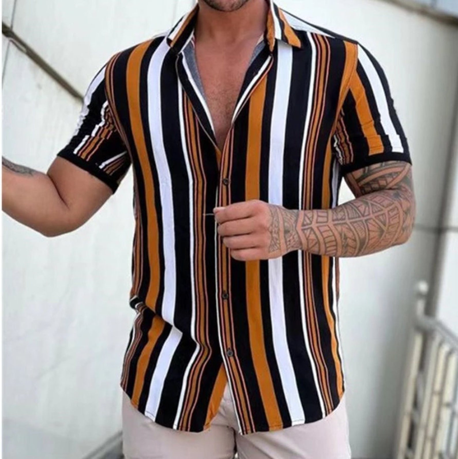 Men's Shirt Fashion Stripes Print Short Sleeve Shirt - Etsy
