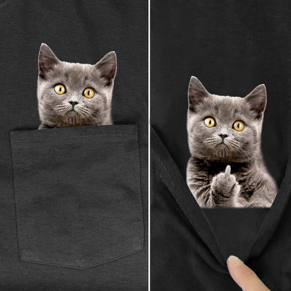 Divertido Pucking Cat Camiseta con bolsillo de algodón Camiseta estampada Hombres Mujeres Camisas Tops Algodón Camisetas negras / Camiseta de Navidad Regalos / Regalos divertidos de Navidad