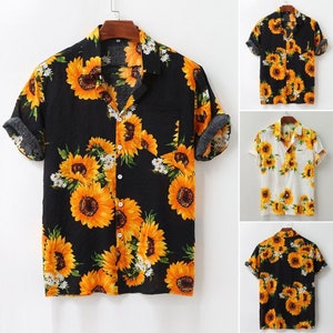 Sunflower Print T-Shirt For Men, Summer Short Sleeve Loose Button Shirts, Casual Slim Fit Hawaiian Shirt, Holiday Beach Clothing