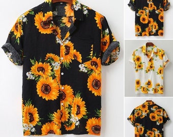 T-shirt imprimé tournesol pour homme, Chemises d'été à manches courtes et boutons amples, Chemise hawaïenne décontractée coupe slim, Vêtements de plage pour les vacances