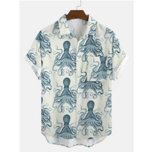 3D Ocean Blue Octopus Men's Fashion Clothing Octopus Short Sleeve Breathable Loose Printing Hawaiian Shirts,Hawaii Shirt