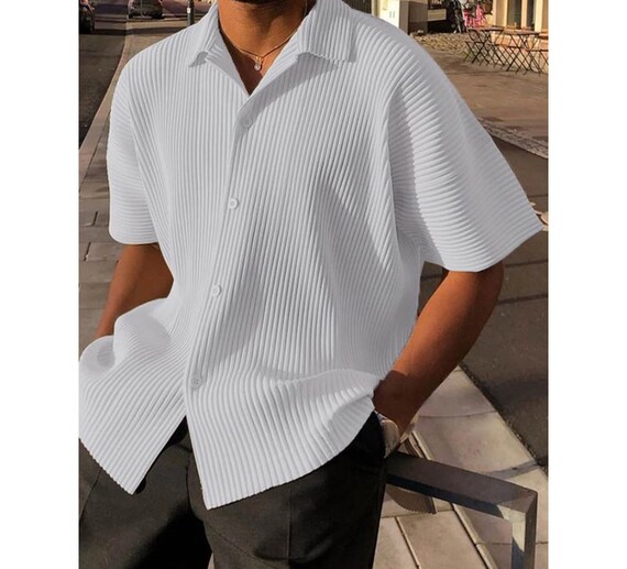 Plus Size Simple Men's Solid Blouse Streetwear Male Loose Comfortable  Pleated Short Sleeve Shirts S-5xl/father Gifts/back to School Clothing 