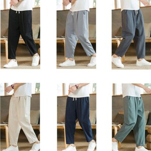 Basic Men's Cotton Linen Pants Male Casual Solid Color Breathable Loose ...