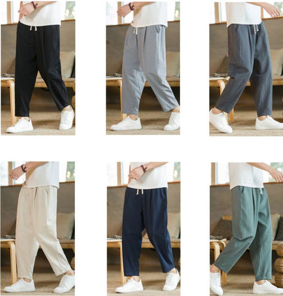 Mens Nature Cotton Linen Trousers Summer Pants 5XL Casual Male Solid  Elastic Waist Straight Loose Pants