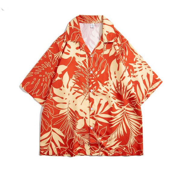 Red Orange Shirt Men Summer Hawaiian Flower Print Short Sleeve Shirt Street Blouse Tops Beach Floral Shirts Unisex, Hawaiian Shirt