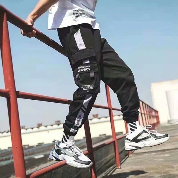 Men Cargo Pants, Techwear Functional Wind Contrast Color Elastic Waist Splicing High Street Streetwear Trousers, Harajuku Gothic Pants