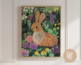 Lámina de conejito caprichoso: ilustración de animales para habitación infantil, decoración floral para guardería, descarga digital