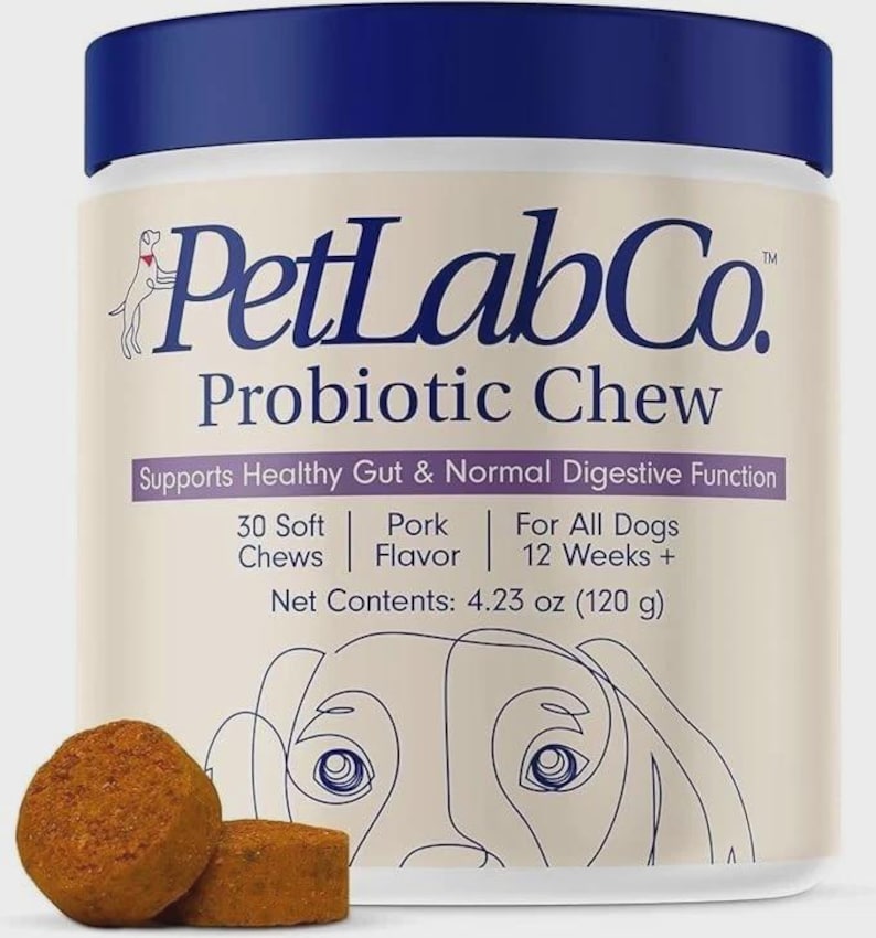 Puede incluir: Un envase blanco con tapa azul, etiquetado como "PetLabCo Probiotic Chew". El texto indica que el producto favorece la salud intestinal y la funci&oacute;n digestiva normal en perros. El envase contiene 120 g de golosinas. Se ven varias golosinas blandas.