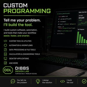Könnte beinhalten: Ein digitaler Bildschirm mit Dienstleistungen für individuelle Programmierung, Text CUSTOM PROGRAMMING, Tell me your problem. I'll build the tool., sowie eine Liste von Automatisierungs- und Datentools. Eine schwarze Tasse mit grünem Text steht daneben.