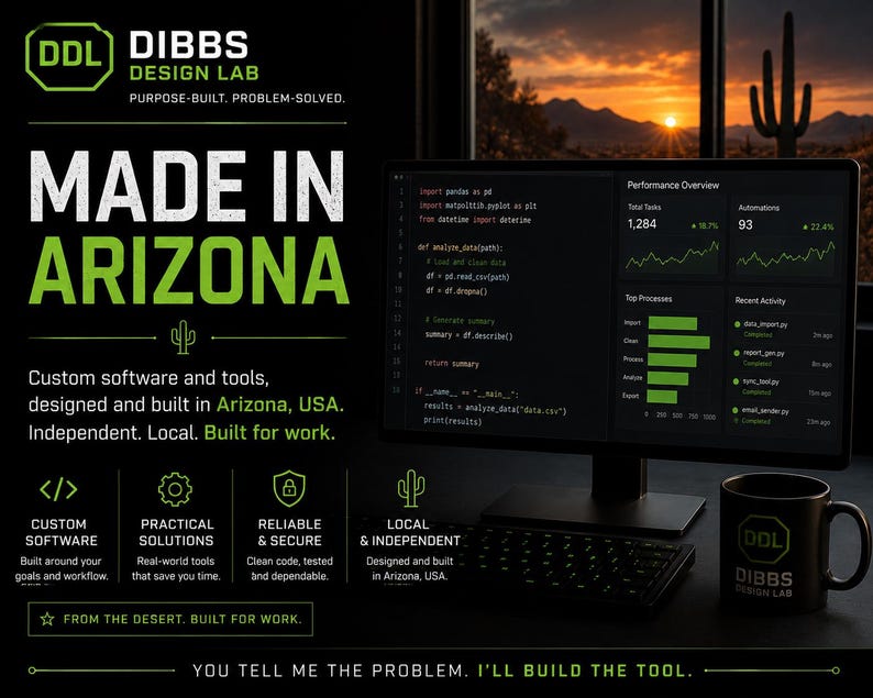 May include: A computer monitor displaying code and performance metrics next to a black mug with the DDL Dibbs Design Lab logo. The text reads Made in Arizona, Custom software and tools, and You tell me the problem. I'll build the tool.