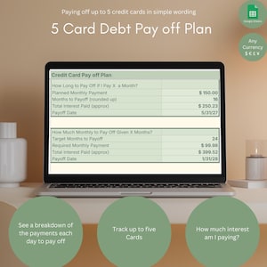 May include: A laptop displays a "5 Card Debt Pay off Plan" spreadsheet. The screen shows credit card payoff details, including monthly payments, interest, and payoff dates. The image also includes text that says "See a breakdown of the payments each day to pay off."