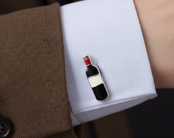 Red Wine Bottle Cufflinks: Brass & Glass Novelty Accessories