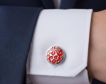 Silver Cufflinks for Men: Red Enamel Swirl Design