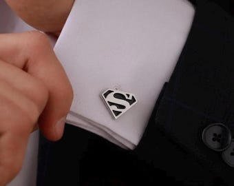 Black Superman Cufflinks for Men – Hero Smiley Design, Movie Inspired Gift, Superhero Wedding Accessories