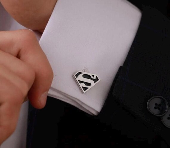 Black Superman Cufflinks for Men – Hero Smiley Design, Movie Inspired Gift, Superhero Wedding Accessories