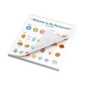 May include: A notepad with the text "Welcome to My Restaurant!" and colorful illustrations of food and drinks. The notepad has sections for table numbers, drink choices, sides, and cost. The pages are white with a slight curl.