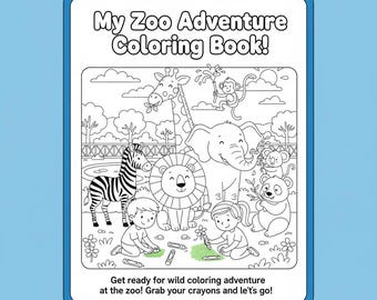 Peut inclure: Un livre de coloriage intitulé « My Zoo Adventure Coloring Book ! » présente des dessins au trait d'animaux de zoo, dont une girafe, un éléphant, un lion, un zèbre, un singe et un koala. Deux enfants sont représentés en train de colorier avec des crayons. La bordure du livre est bleue.