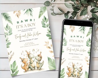 May include: A baby shower invitation with the text "RAWR! IT'S A BOY" and the names "Emily and John Wilson". The invitation features watercolor illustrations of dinosaurs and green foliage. A smartphone displays the same invitation.