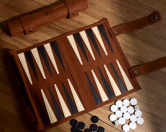 Handmade Leather Backgammon Set, Roll-Up Travel Board Game, Custom Gift for Men, Anniversary Birthday Present, Valentine's Day Gifts