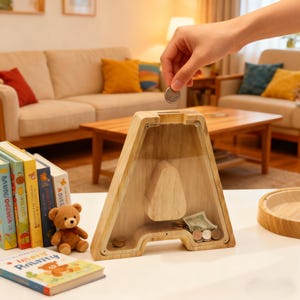 May include: Wooden letter "A" shaped piggy bank with a clear front panel. A hand is dropping a coin into the slot. The bank contains coins and a dollar bill. A small teddy bear and books are next to the bank.