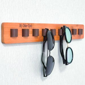Wooden Sunglasses Organizer Wall Mounted - Personalized Engraved Gift, Glasses Storage Holder for RV, Office, Home - Eyeglass Display Rack
