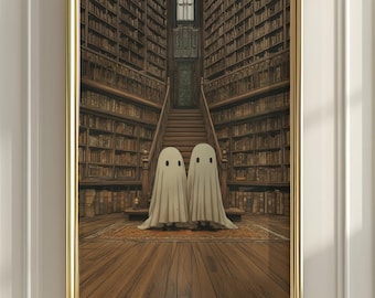 Library Ghosts Art Print: Vintage Book Lover Halloween Decor (Digital Download)