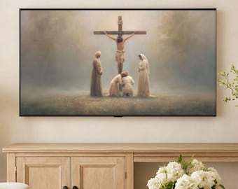 Jesus Crucifixion Art for TV Frame Art Living Room Landscape Painting Jesus Easter Digital Wall Art Printable Inspiration Print for Bedroom