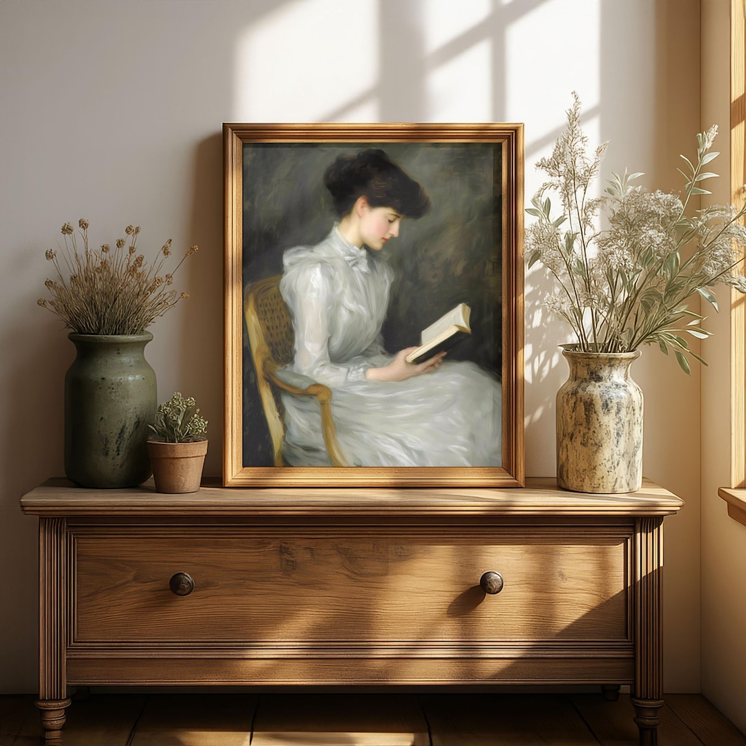 Vintage Woman Reading Wall Art Romantic Antique Portrait Painting Art ...