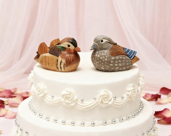 Wood Figure Mandarin Duck Set, Animal Ornament Decor, Wedding Cake Topper, Wedding Gift for Couple Her, Anniversary, Valentine's Day Gift