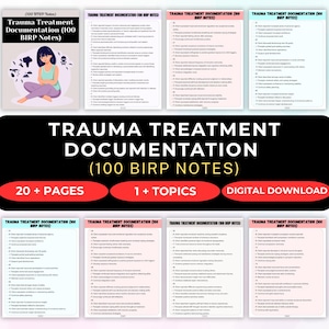 Könnte beinhalten: Ein digitaler Download mit dem Titel "Trauma Treatment Documentation (100 BIRP Notes)". Das Bild zeigt eine Grafik einer Person sowie mehrere Seiten Dokumentation. Der Text enthält "20+ Pages", "1+ Topics" und "Digital Download".