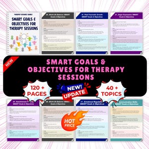 Puede incluir: Un conjunto de recursos de terapia con el título "SMART Goals & Objectives for Therapy Sessions". La imagen incluye un cuaderno, varias hojas informativas y el texto "120+ Páginas" y "40+ Temas".