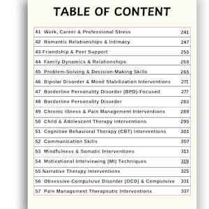 K&ouml;nnte beinhalten: Eine Inhaltsseite mit dem Titel "TABLE OF CONTENT", die Themen und Seitenzahlen auflistet. Zu den Themen geh&ouml;ren "Work, Career & Professional Stress", "Romantic Relationships & Intimacy" und "Bipolar Disorder & Mood Stabilization Interventions".