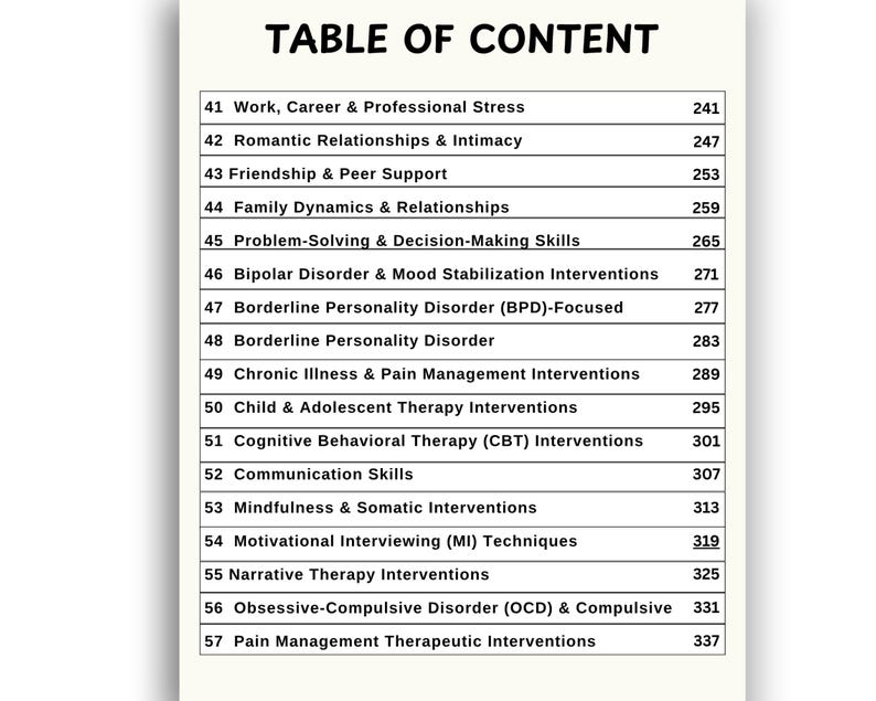 K&ouml;nnte beinhalten: Eine Inhaltsseite mit dem Titel "TABLE OF CONTENT", die Themen und Seitenzahlen auflistet. Zu den Themen geh&ouml;ren "Work, Career & Professional Stress", "Romantic Relationships & Intimacy" und "Bipolar Disorder & Mood Stabilization Interventions".