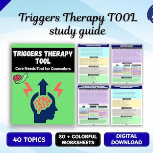 May include: A Triggers Therapy Tool study guide featuring a green cover with a black silhouette of a head and a brain graphic. The set includes 40 topics and 80 plus colorful worksheets presented as a digital download for counselors and therapists.