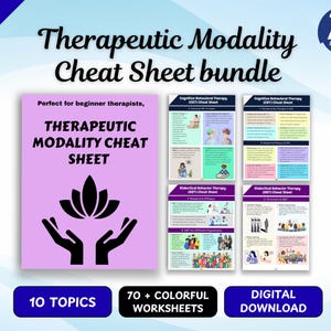 Op de afbeelding: Een digitale bundel met spiekbriefjes voor therapeutische modaliteiten, met een paarse omslag met een zwart lotusicoon en handen. De set bevat meerdere pagina's met informatie over cognitieve gedragstherapie en dialectische gedragstherapie met illustraties.