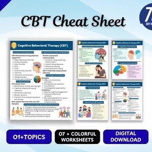 May include: A digital CBT cheat sheet set featuring multiple pages of educational content on cognitive behavioral therapy. The pages include diagrams of the human brain, clinical application lists, treatment goals, and illustrations of therapy sessions.