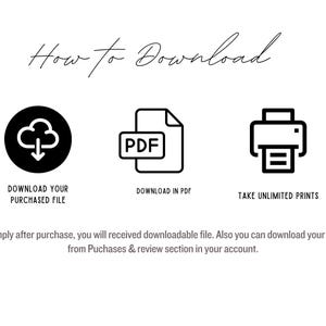 K&ouml;nnte beinhalten: Wei&szlig;es Grafikdesign mit dem Text "How to Download" in Schreibschrift. Darunter befinden sich drei schwarze Symbole: eine Wolke mit einem Pfeil nach unten, ein PDF-Dokument und ein Drucker. Text unter jedem Symbol erkl&auml;rt den Download-Prozess.