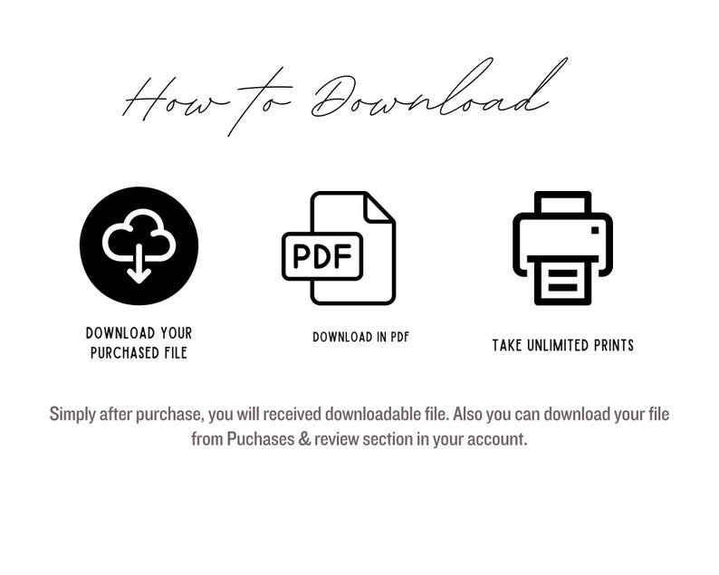 K&ouml;nnte beinhalten: Wei&szlig;es Grafikdesign mit dem Text "How to Download" in Schreibschrift. Darunter befinden sich drei schwarze Symbole: eine Wolke mit einem Pfeil nach unten, ein PDF-Dokument und ein Drucker. Text unter jedem Symbol erkl&auml;rt den Download-Prozess.