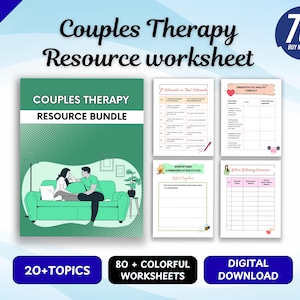 Puede incluir: Un paquete de recursos digitales para terapia de pareja con una portada verde que muestra a dos personas en un sofá, junto a cuatro páginas de hojas de trabajo con tablas y texto sobre comunicación y escucha activa.