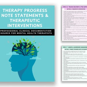 K&ouml;nnte beinhalten: Ein t&uuml;rkisfarbenes Dokument mit dem Titel "Therapy Progress Note Statements & Therapeutic Interventions" und dem Untertitel "A Professional Clinical Documentation Resource for Mental Health Therapists." Zwei kleinere Dokumente sind ebenfalls sichtbar.
