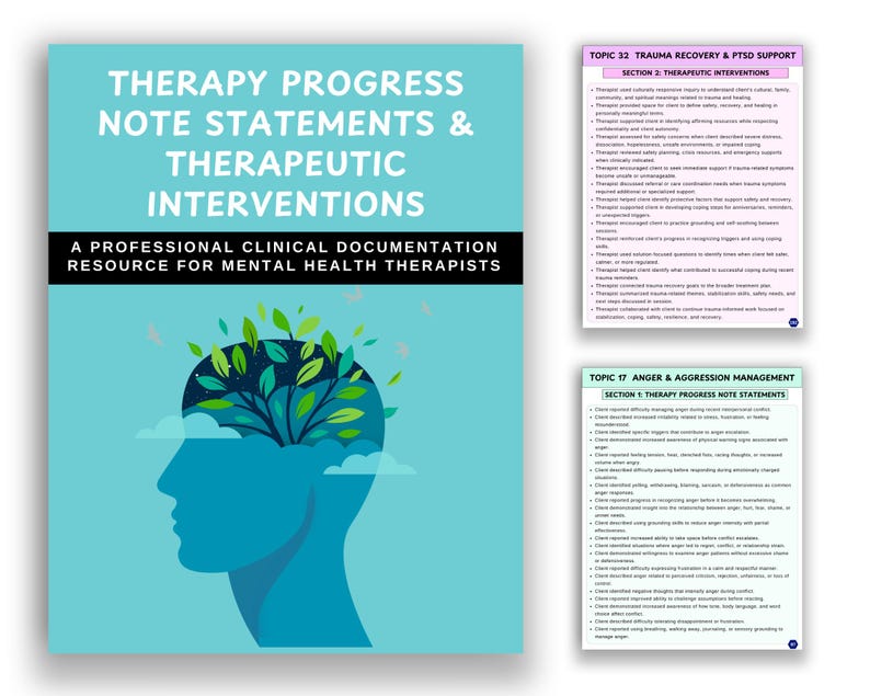 K&ouml;nnte beinhalten: Ein t&uuml;rkisfarbenes Dokument mit dem Titel "Therapy Progress Note Statements & Therapeutic Interventions" und dem Untertitel "A Professional Clinical Documentation Resource for Mental Health Therapists." Zwei kleinere Dokumente sind ebenfalls sichtbar.