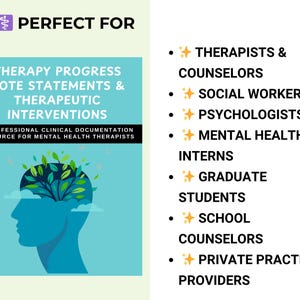 K&ouml;nnte beinhalten: Eine t&uuml;rkisfarbene Grafik mit dem Text "THERAPY PROGRESS NOTE STATEMENTS & THERAPEUTIC INTERVENTIONS" und "A PROFESSIONAL CLINICAL DOCUMENTATION RESOURCE FOR MENTAL HEALTH THERAPISTS." Das Bild listet auch "THERAPISTS & COUNSELORS" und andere Fachkr&auml;fte im Bereich der psychischen Gesundheit auf.
