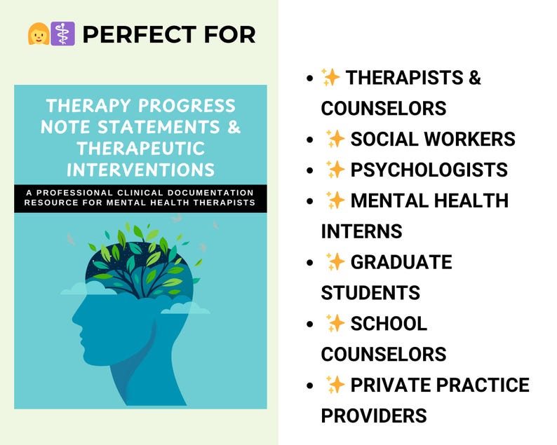 K&ouml;nnte beinhalten: Eine t&uuml;rkisfarbene Grafik mit dem Text "THERAPY PROGRESS NOTE STATEMENTS & THERAPEUTIC INTERVENTIONS" und "A PROFESSIONAL CLINICAL DOCUMENTATION RESOURCE FOR MENTAL HEALTH THERAPISTS." Das Bild listet auch "THERAPISTS & COUNSELORS" und andere Fachkr&auml;fte im Bereich der psychischen Gesundheit auf.
