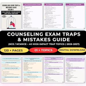 Op de afbeelding: Een digitale gids getiteld "Counseling Exam Traps & Mistakes Guide Volume 1" met een afbeelding van een persoon in een kooi. De gids behandelt 40 belangrijke valkuil-onderwerpen voor de jaren 2026-2027. Het bevat 120+ pagina's en is beschikbaar als digitale download.