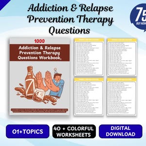 Può includere: Un quaderno di esercizi digitale intitolato 1000 Addiction & Relapse Prevention Therapy Questions, con un'illustrazione di copertina di una persona che fa un gesto di stop davanti a una bottiglia e un bicchiere rovesciati, e quattro pagine di domande.