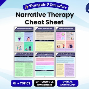 Może przedstawiać: Cyfrowy zestaw arkuszy informacyjnych Narrative Therapy dla terapeutów i doradców, zawierający sześć kolorowych stron z tekstem, ikonami i ilustracjami. Układ obejmuje sekcje dotyczące badań, korzyści, wyzwań oraz struktury terapii narracyjnej.